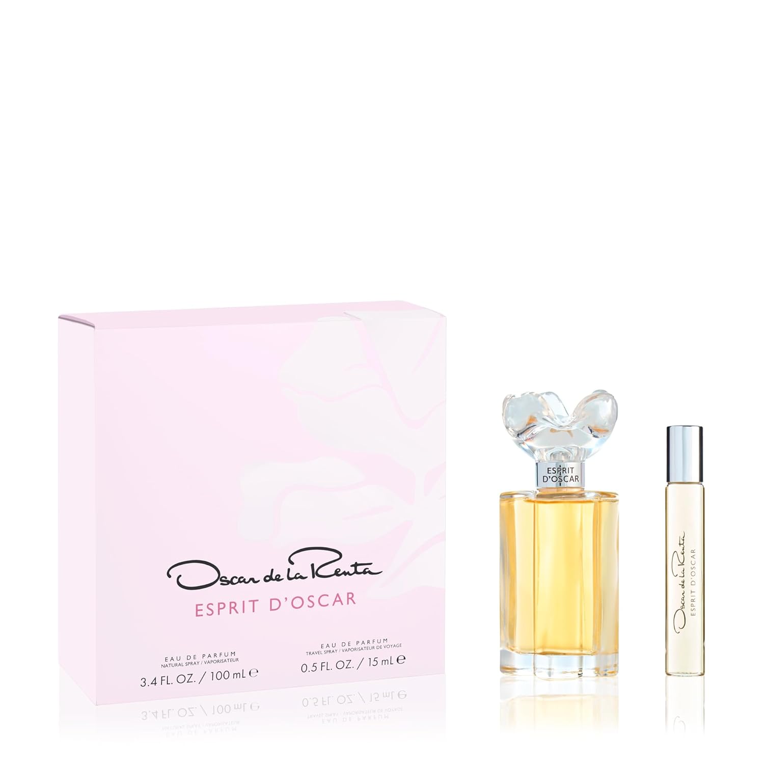 Elegant bottle of Oscar de la Renta Esprit D'Oscar Eau de Parfum, 3.3 fl oz, with a sleek design and gold accents.
