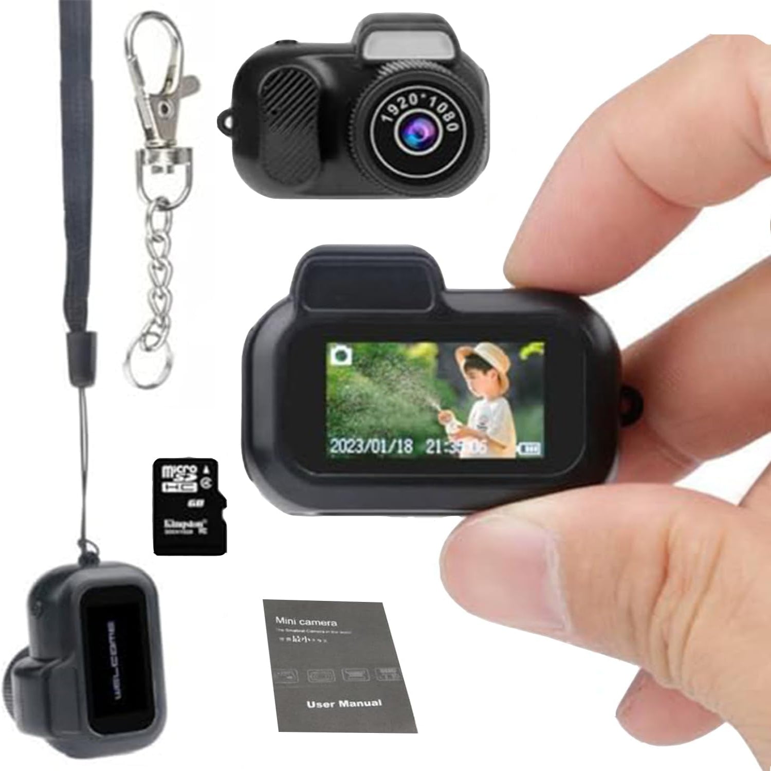 Galatee keychain camera with 1080P mini DV camcorder, micro-sized design and 64GB storage for discreet video recording.