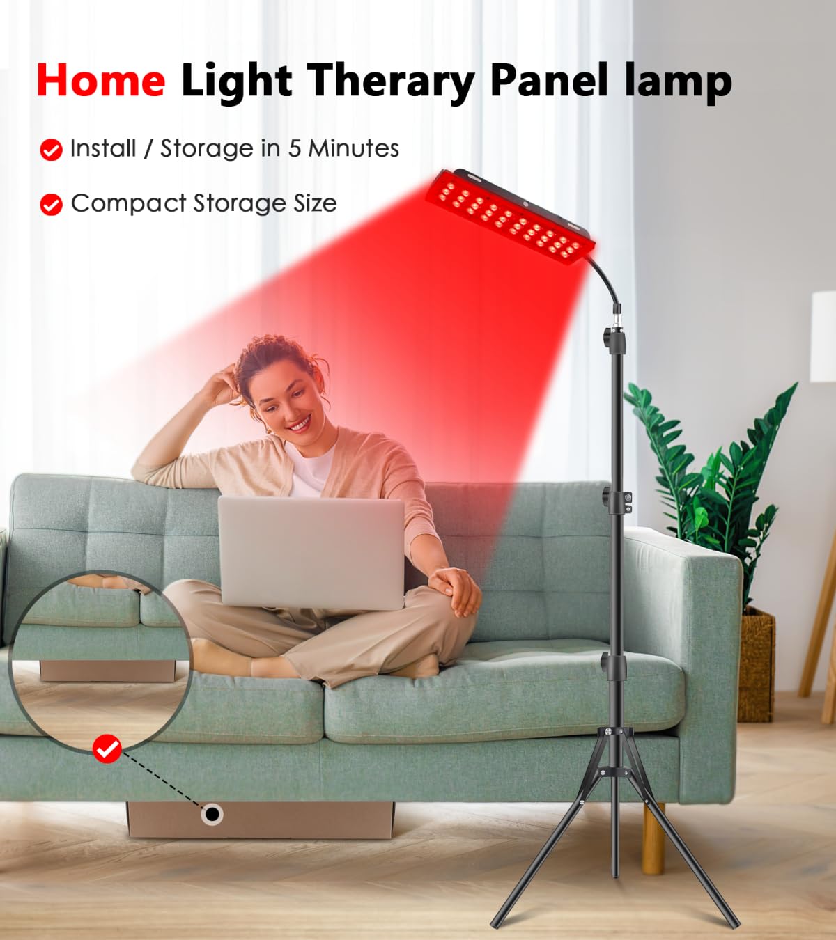 Astarexin red light therapy panel with stand emitting 660nm and 850nm wavelengths for health and personal care use.