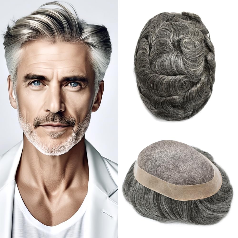 Curve Hair Mens Toupee Human Hair Piece Replacement System Monofilament Wig Hair Unit for Men Durable Poly Coated Mens Hairpiece (#1B60 Off Black+60% Gray, 6"X8")