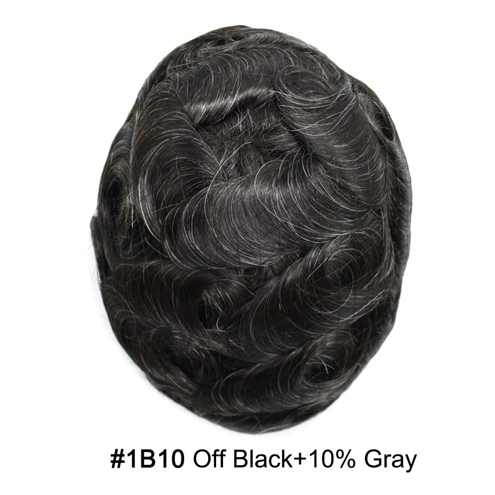 Curve Hair Mens Toupee Human Hair Piece Replacement System Monofilament Wig Hair Unit for Men Durable Poly Coated Mens Hairpiece (#1B10 Off Black+10% Gray, 6"X8")