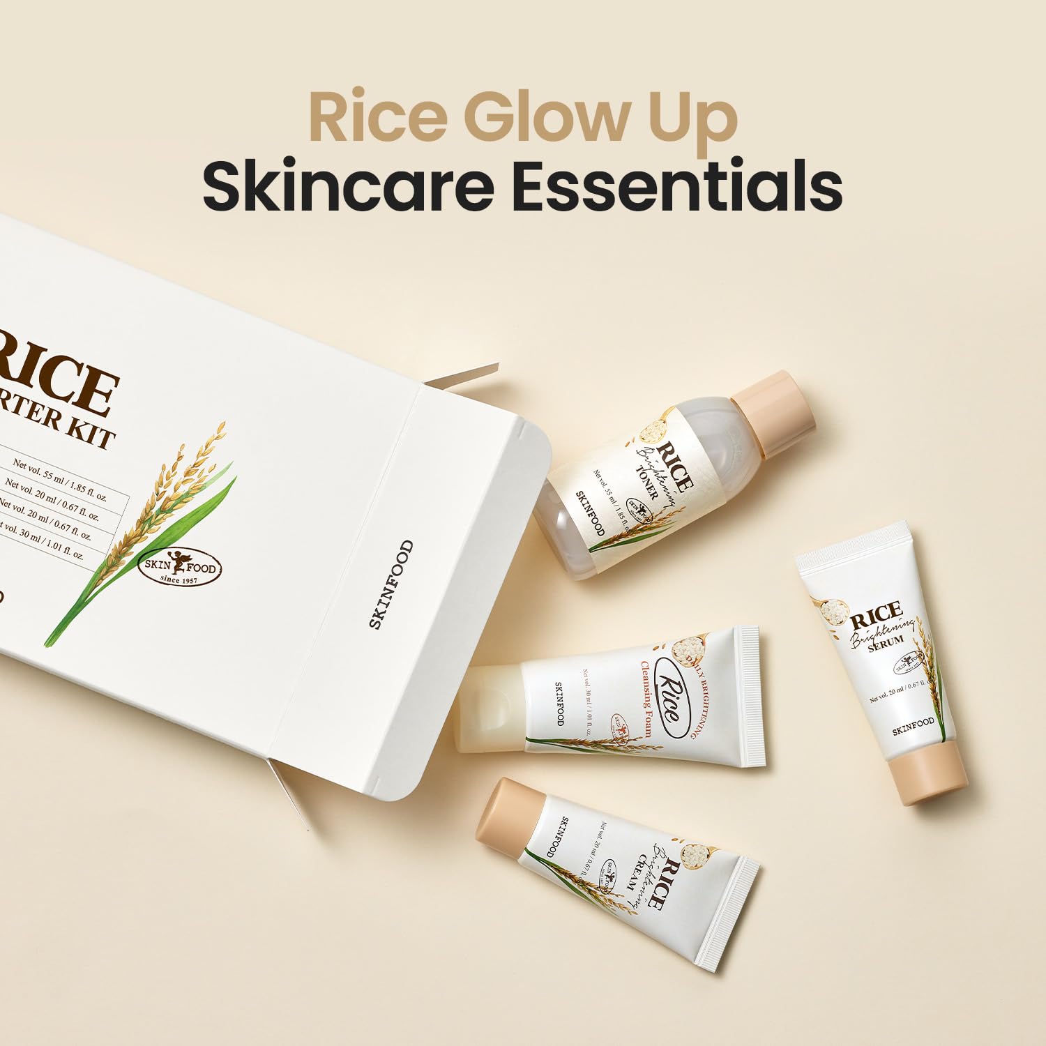 SKINFOOD Rice Starter Kit, Rice Toner, Rice Serum, Rice Moisturizer, and Rice Face Wash for Glass Skin, Korean Skin Care Set, Travel Size Kit, Stocking Stuffers, Gift Set for Women, Skincare Gift Set - SKINFOOD 1957 Official Product View 9