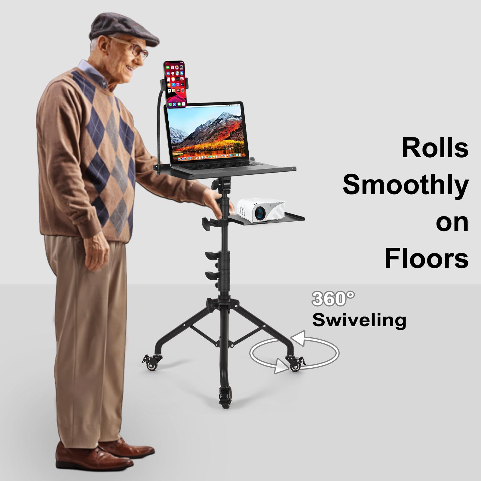 Tossbiss Laptop Tripod on Wheels with 2 Shelves