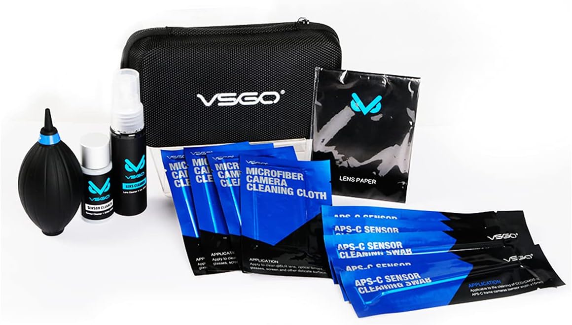 VSGO All-in-One camera cleaning kit for APS-C sensors, includes cleaning tools for Canon, Nikon, Sony cameras.