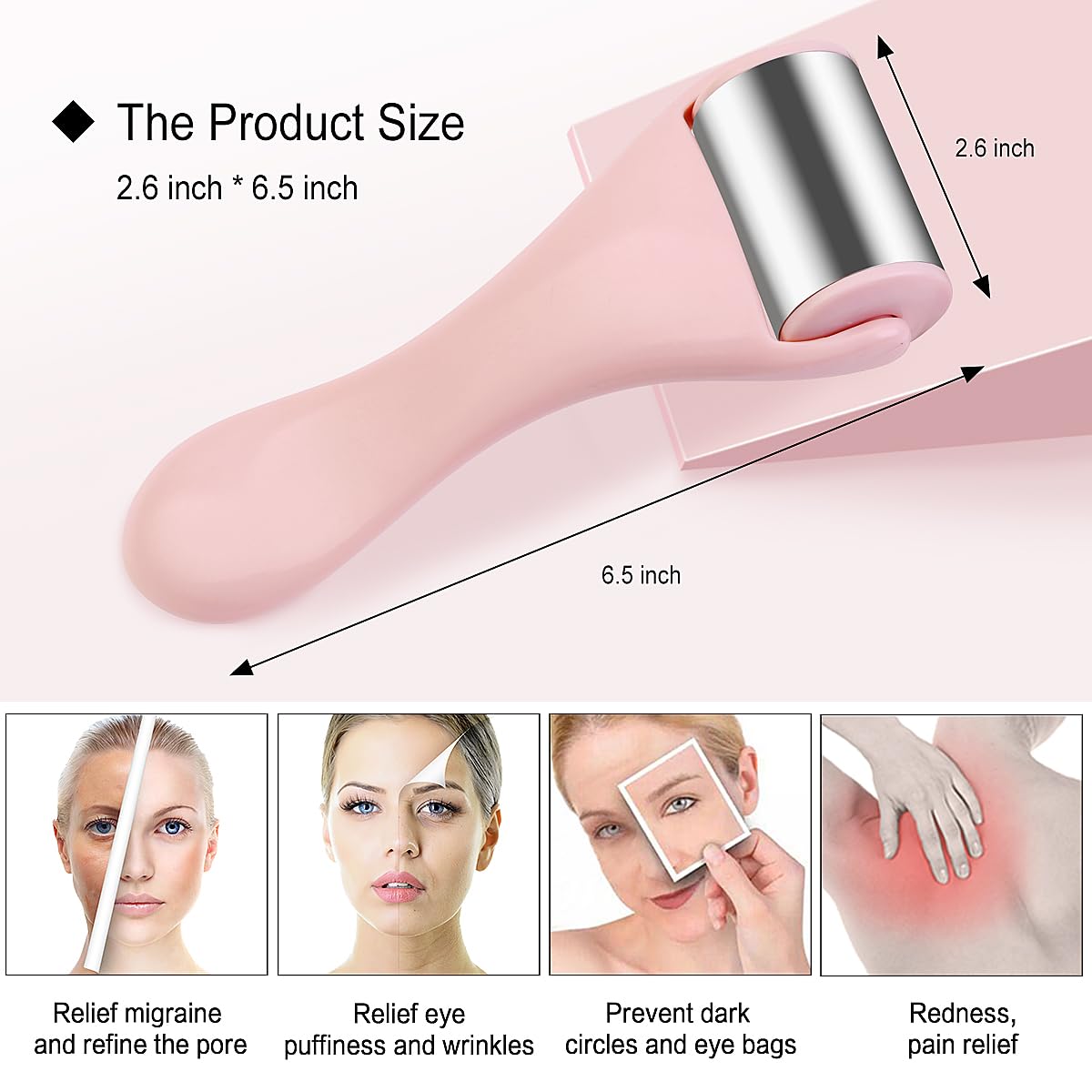 Pink MAANGE stainless steel face ice roller for beauty, showing the roller with a pink handle and chilled stainless steel surface.