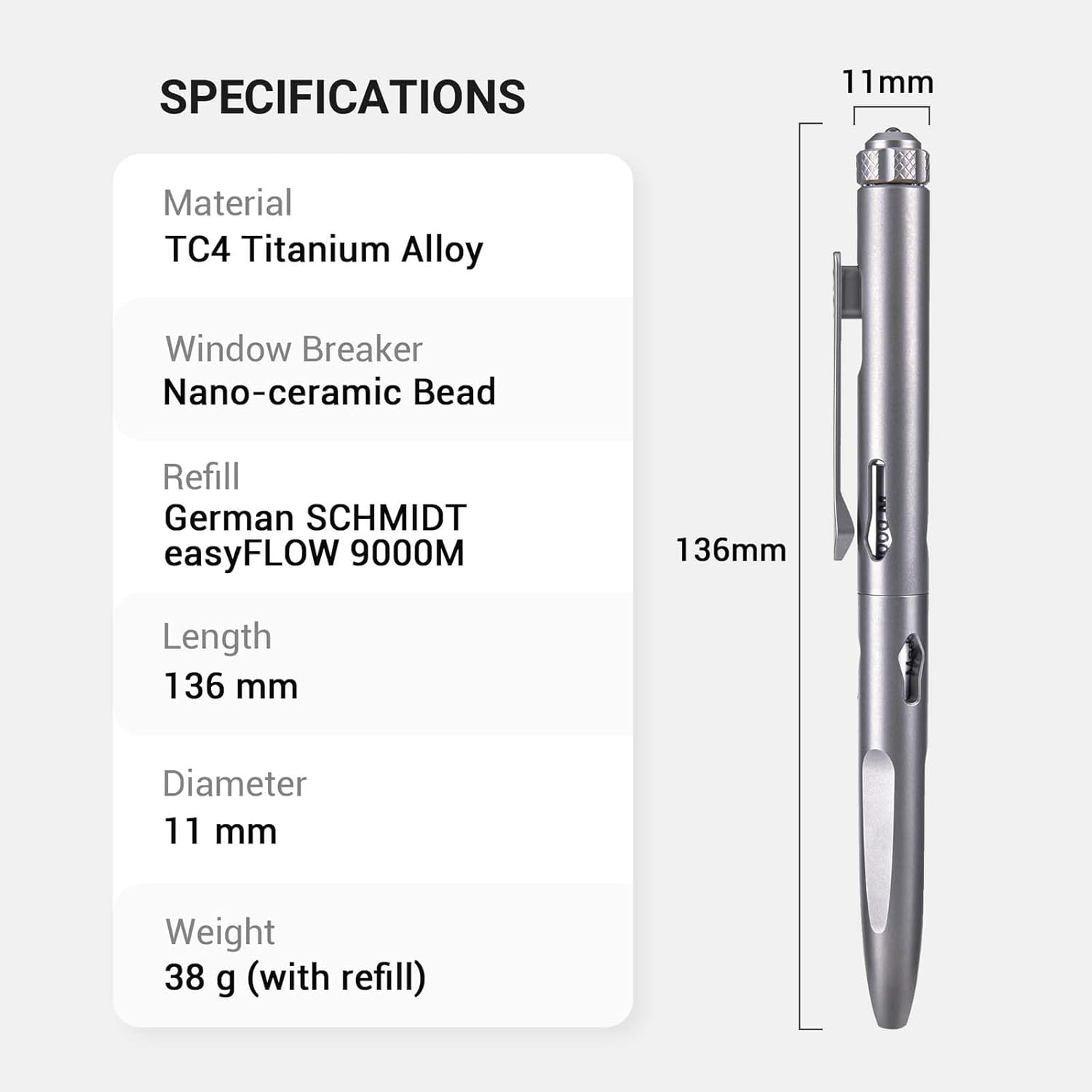 NEXTORCH NP11 Ti Bolt Action Tactical Pen with ceramic bead glass breaker head, featuring sleek titanium body and functional design