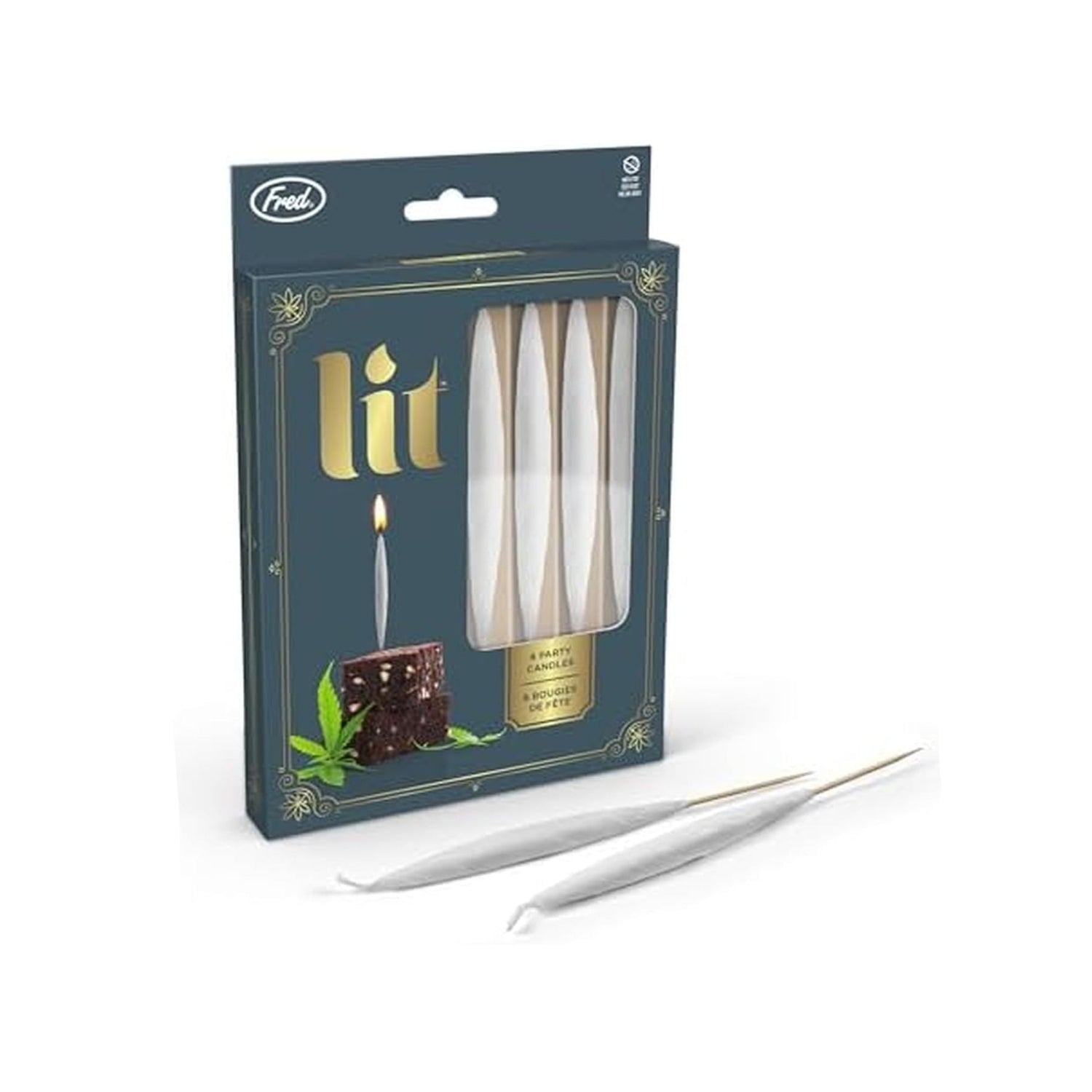 Set of 8 Genuine Fred LIT! Party Candles for birthdays and celebrations, featuring colorful, fun candle designs.