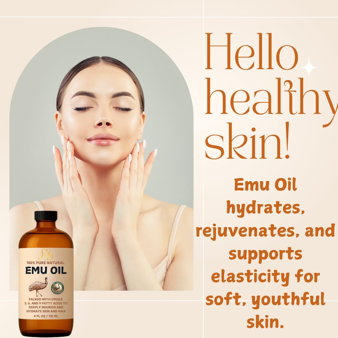Pomberries Emu Oil, 100% Pure Australian Emu Oil for Skin, 4 fl oz