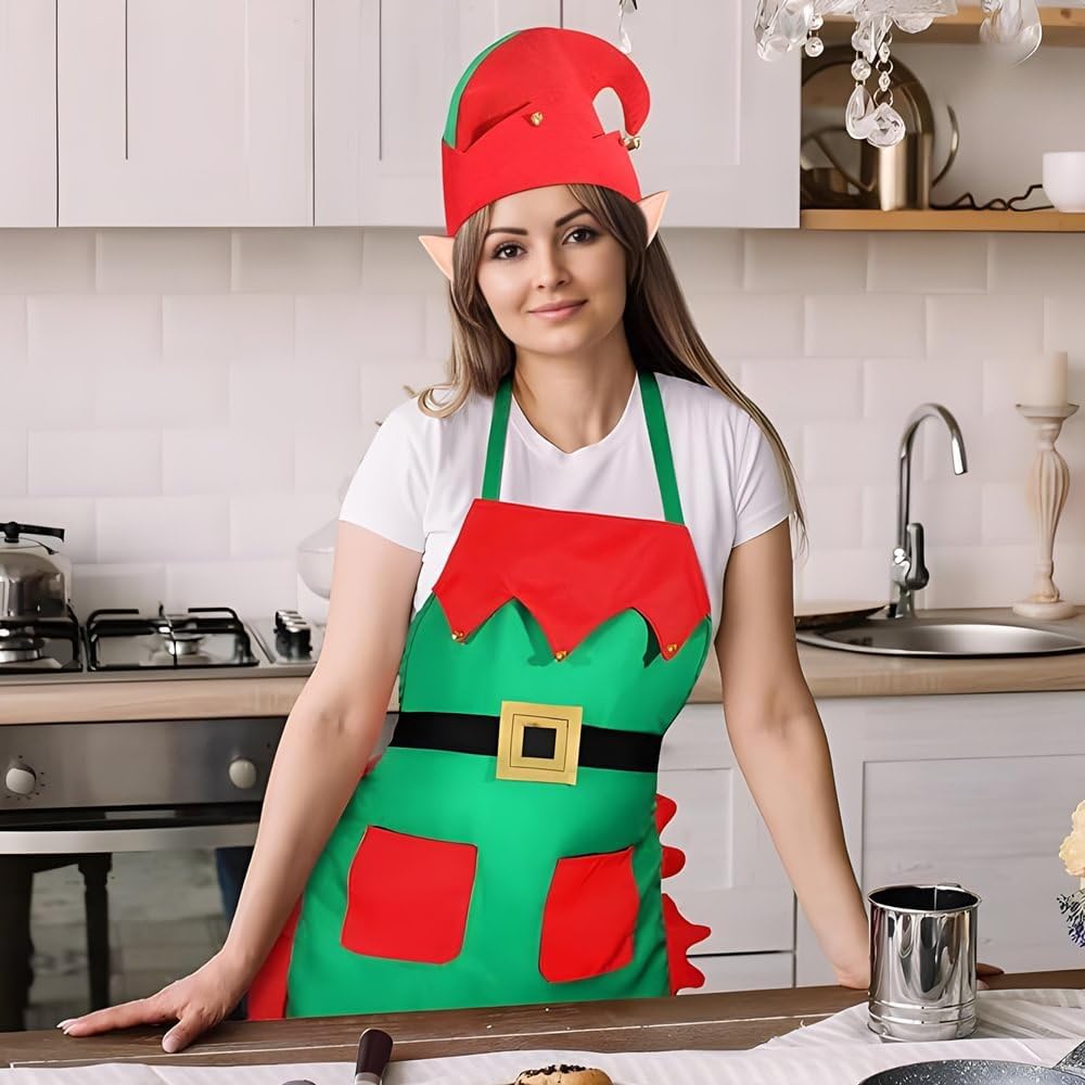 Red and green elf apron for teens and adults by Amscan, made of premium fabric, featuring festive holiday elf design.
