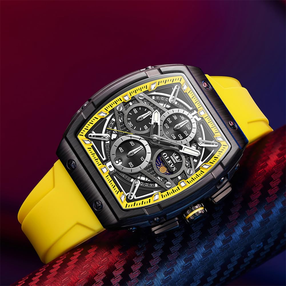 OLEVS Men Square Chronograph Watch Gold Silicone Strap
