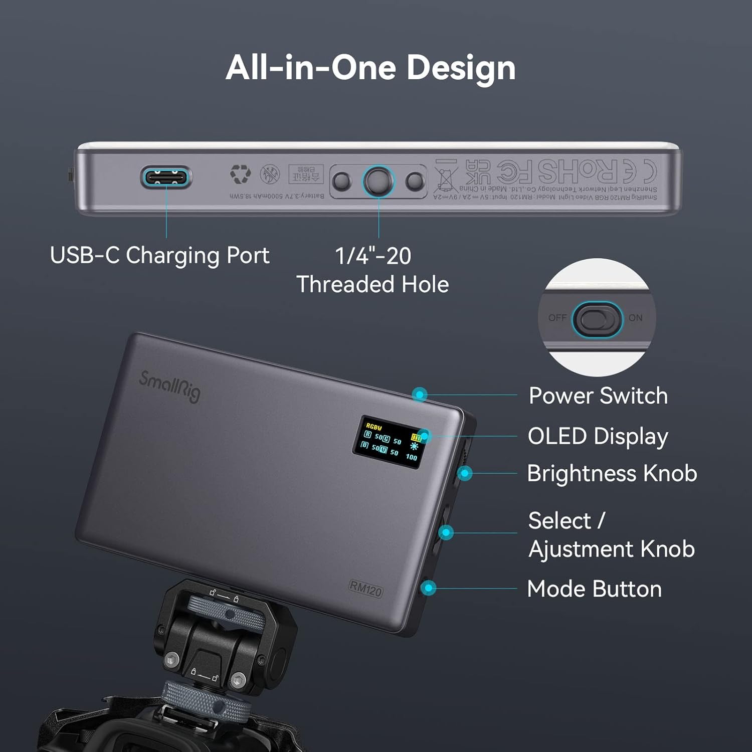 SmallRig RM120 RGB video light with 5000mAh battery, portable camera lighting for filmmaking and photography.