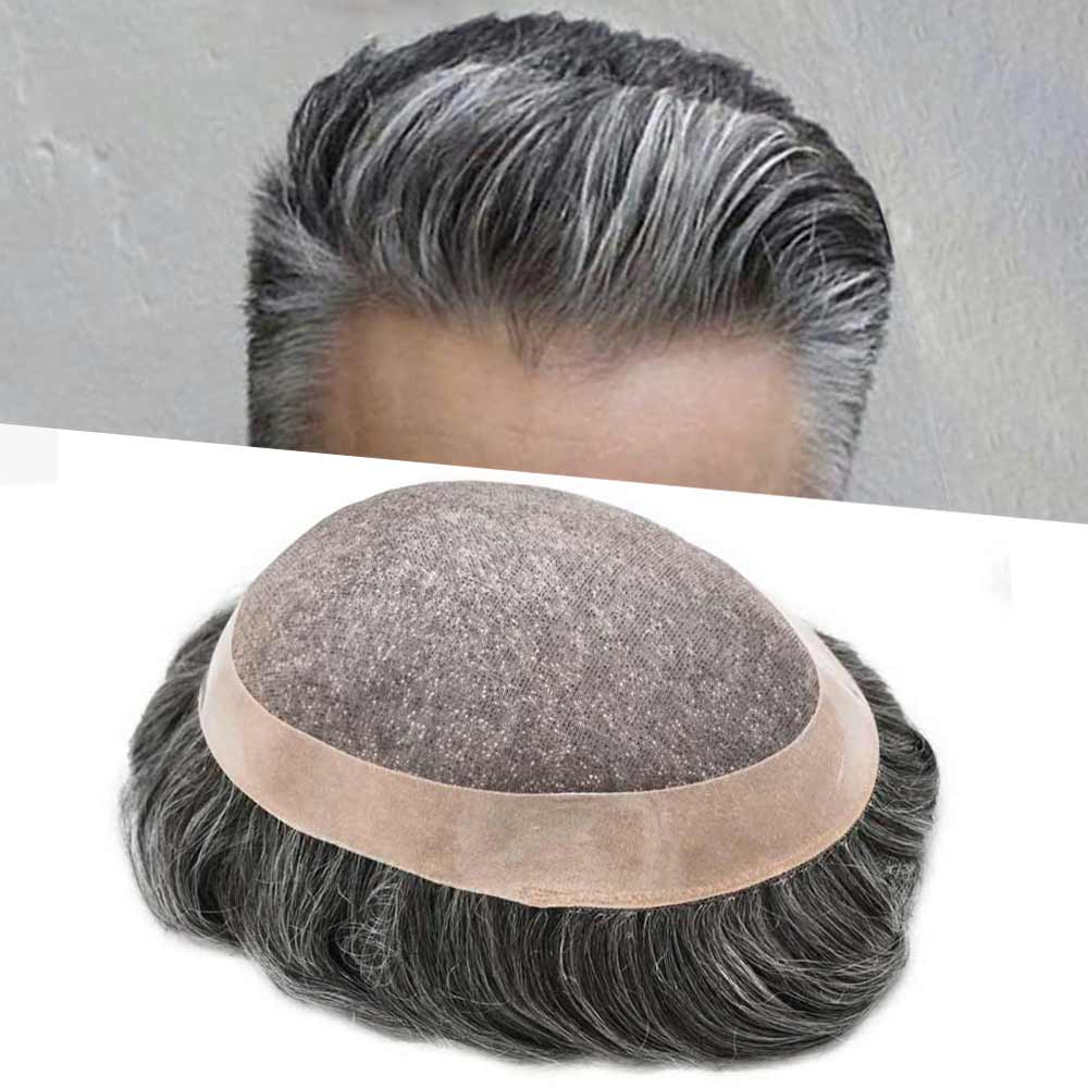 Curve Hair Mens Toupee Human Hair Piece Replacement System Monofilament Wig Hair Unit for Men Durable Poly Coated Mens Hairpiece (#1B50 Off Black+50% Gray, 6"X8")