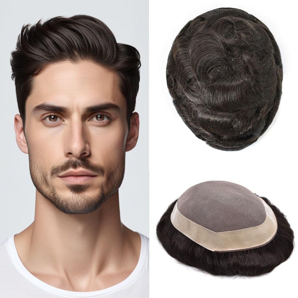 Curve Hair Mens Toupee Human Hair Piece Replacement System Monofilament Wig Hair Unit for Men Durable Poly Coated Mens Hairpiece (#2 Darkest Brown, 8"X10")
