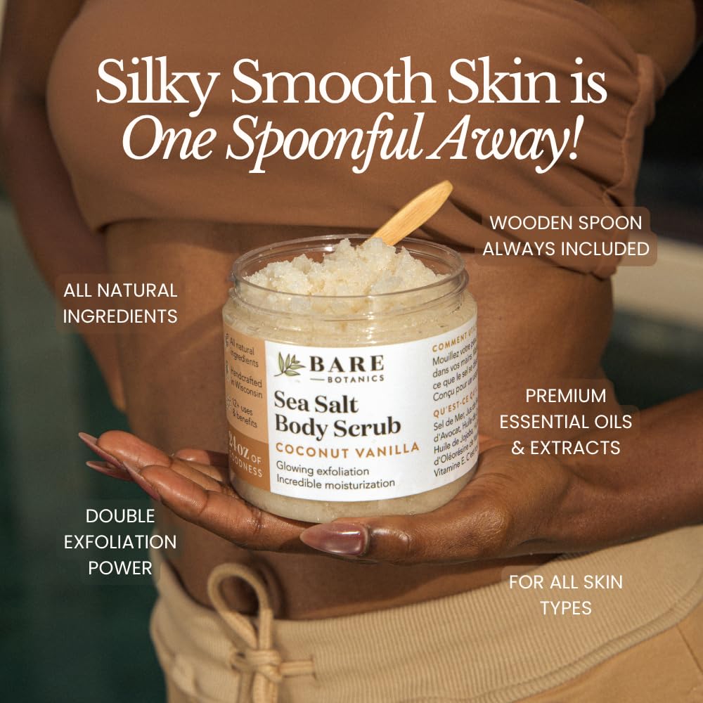 Bare Botanics Coconut Vanilla Body Scrub - & WI All Natural Sea Salt Exfoliator w - BARE BOTANICS Official Product View 7