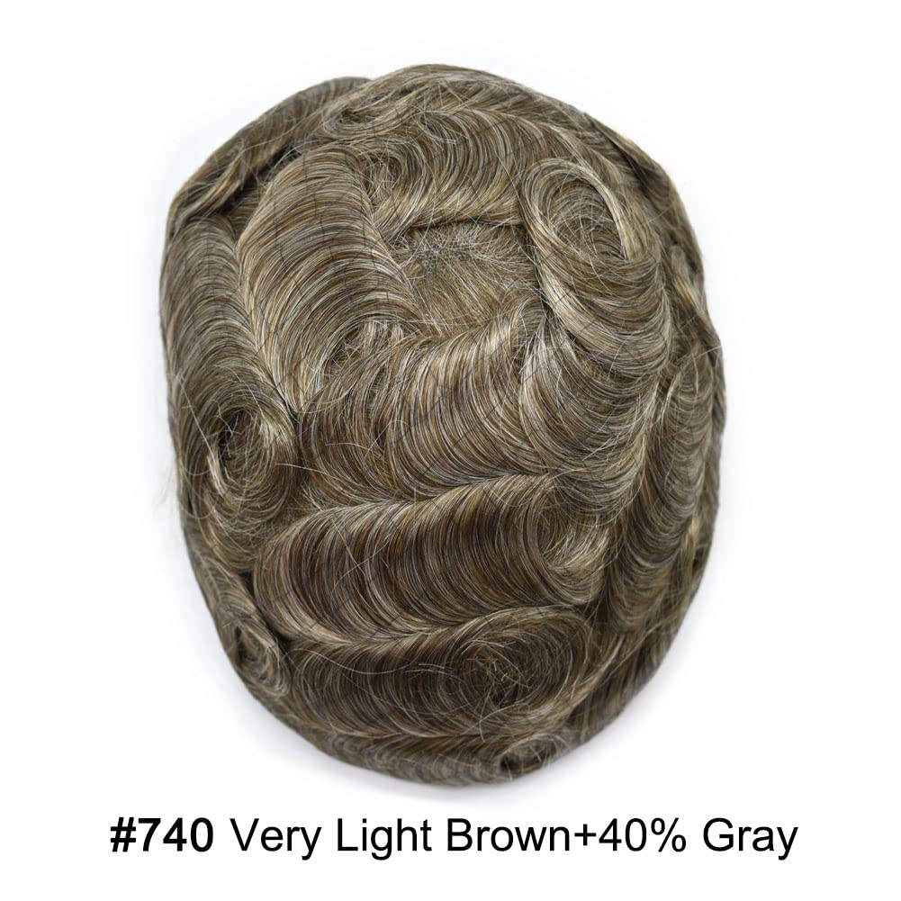 Curve Hair men's toupee wig with human hair, light brown with gray, 7x9 inches, monofilament base, durable and natural-looking.