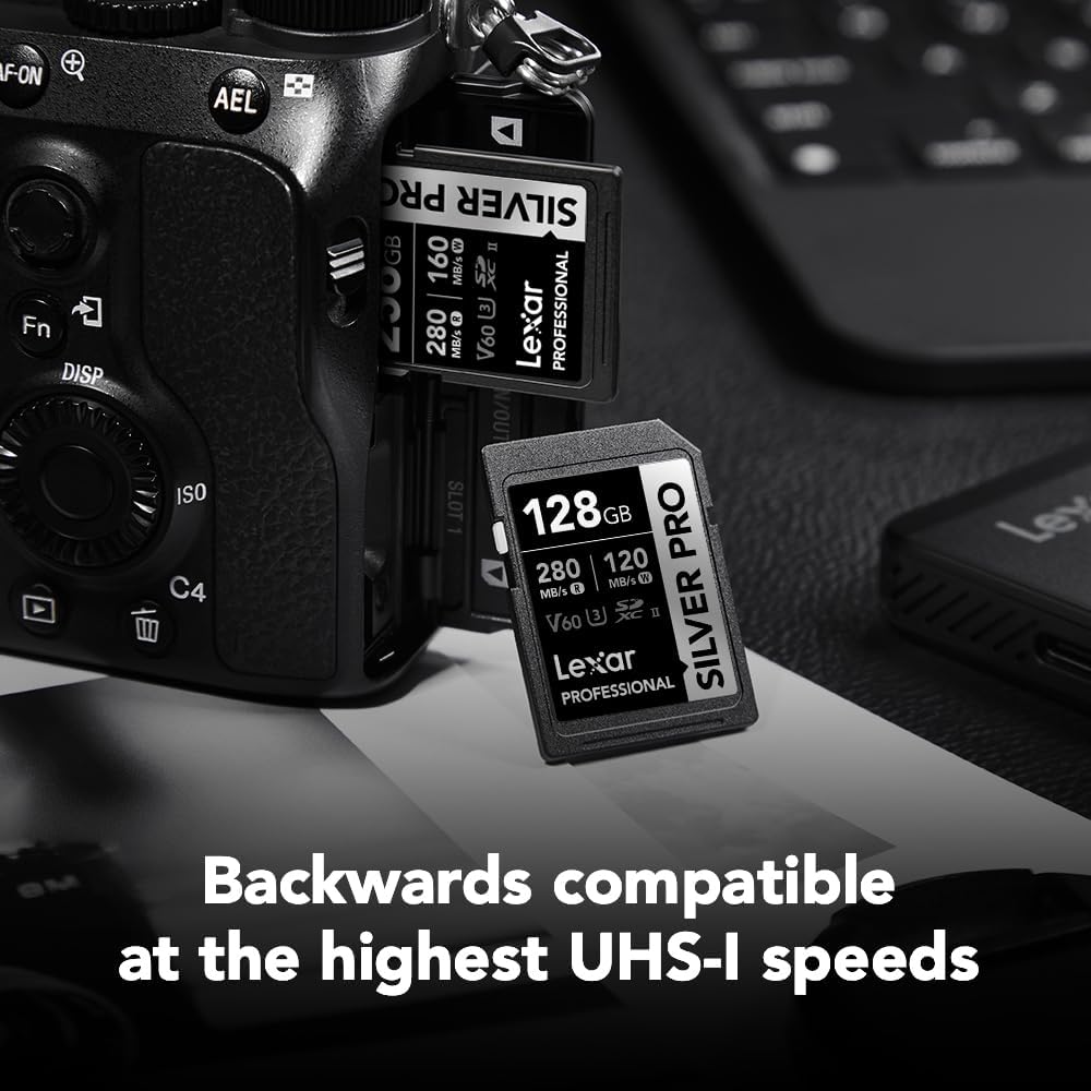 Lexar 128GB Professional SILVER PRO SD Card with UHS-II, C10, U3, V60 speed class, suitable for Full HD recording