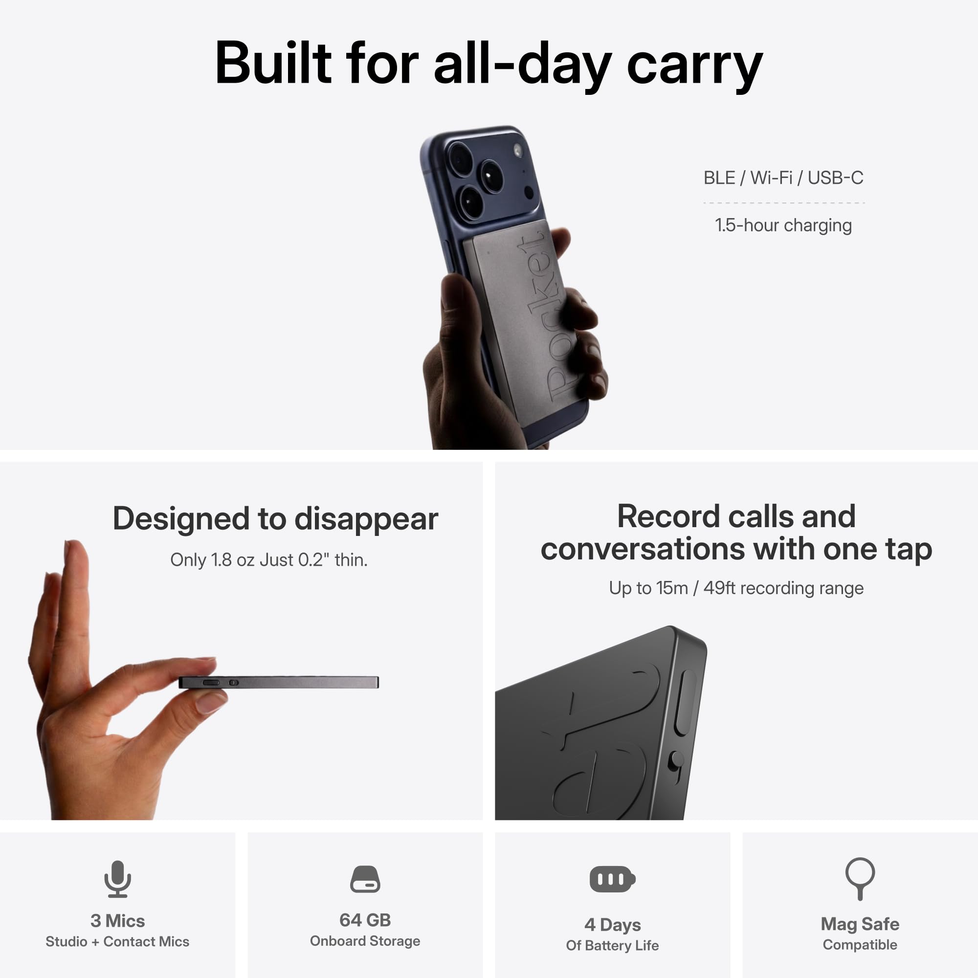 Pocket AI Voice Recorder, Auto Transcription, AI Note Taker, Spac by Pocket - Angle View 4