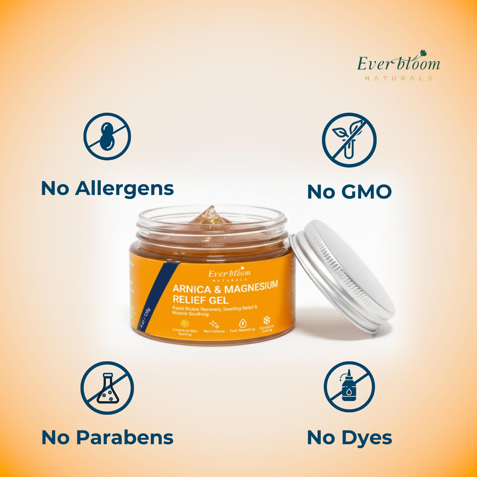 Everbloom Naturals Arnica & Magnesium Calming Gel in 4oz tube, soothing skin care agent with natural ingredients.