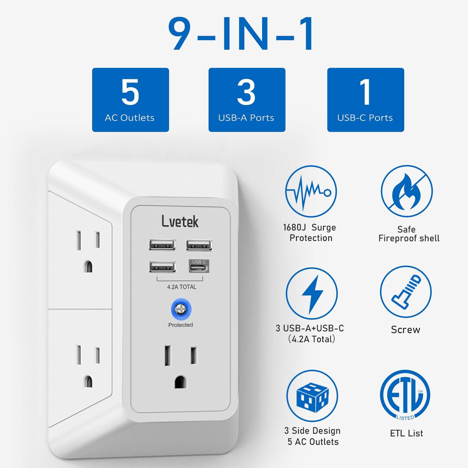 Lvetek 5 Outlet Extender Multi Plug Wall Outlets with 4 USB Charg - Lvetek Official Product View 4