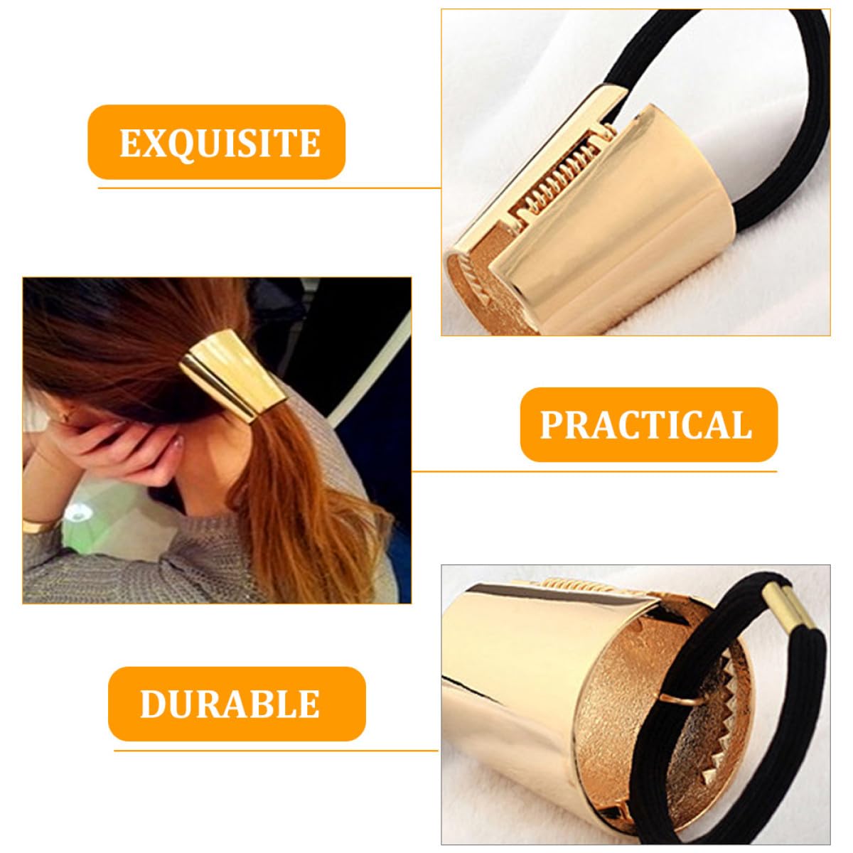 Gold PLAFOPE metal hair tie with elastic ponytail holder for everyday styling and secure hair management.