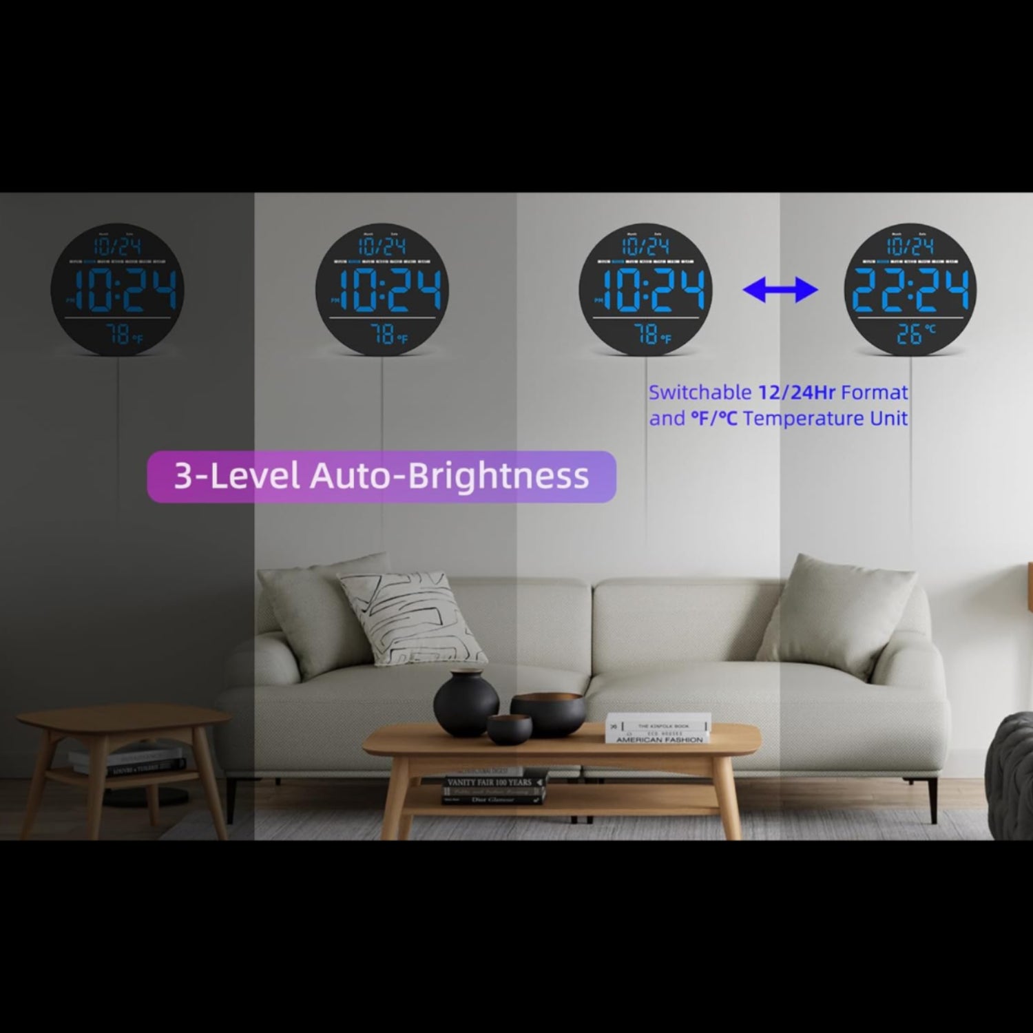 XUANZIT digital wall clock with large LED display showing time, date, temperature, and auto-brightness feature
