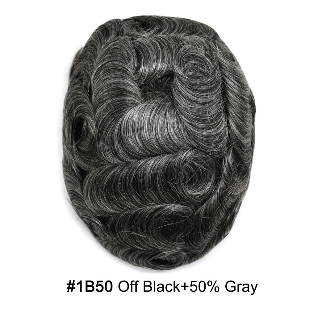Curve Hair Mens Toupee Human Hair Piece Replacement System Monofilament Wig Hair Unit for Men Durable Poly Coated Mens Hairpiece (#1B50 Off Black+50% Gray, 7"X9")