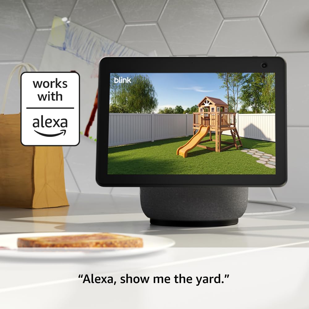 Blink Outdoor 4 wireless smart security camera with two-way talk and long battery life, shown with mounting hardware.