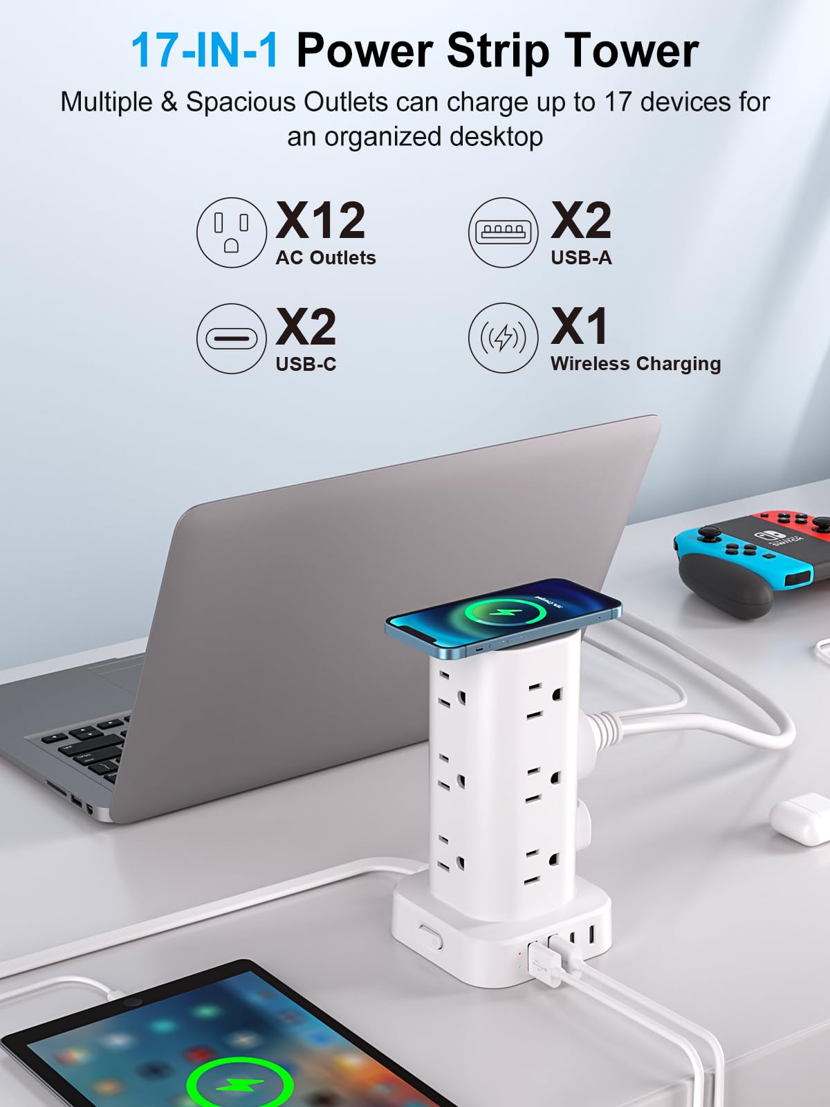 UWIWUTEI 6FT Power Strip Tower with Wireless Charger,Surge Protector with 12 Out - UWIWUTEI Official Product View 2