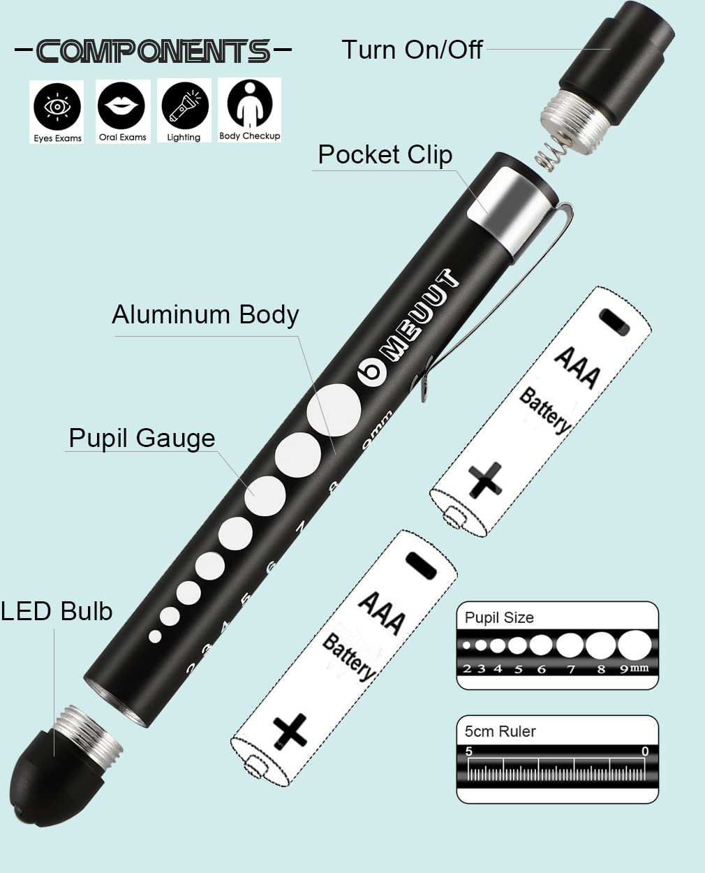 MEUUT Nurse Penlights 3 Pack with 6 AAA Batteries & Pupil Gauge