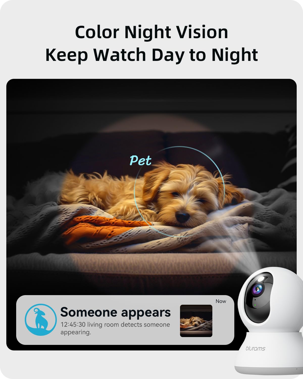 blurams 2K security camera with 360-degree view, IR night vision, 2-way audio, and smart motion tracking for home security.