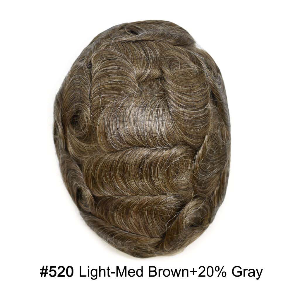 Curve Hair Mens Toupee Human Hair Piece Replacement System Monofilament Wig Hair Unit for Men Durable Poly Coated Mens Hairpiece (#520 Light-Med Brown+20% Gray, 8"X10")