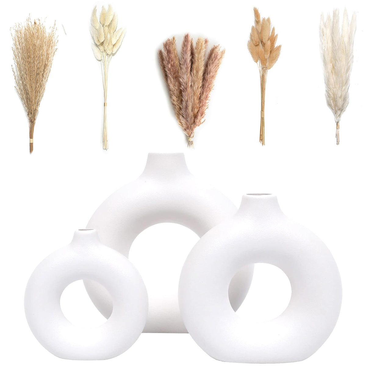 VELOVA Set of 3 White Ceramic Vase with 65 PCS Dried Pampas - VELOVA Official Imagery - 1