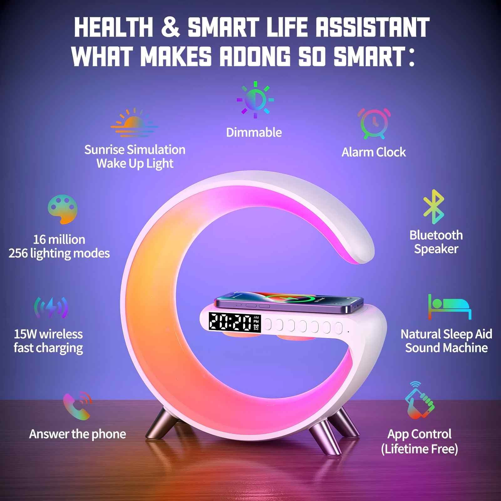 ZORAST BKDRL Bluetooth Speaker Lamp with Wireless Charger, RGB Night Light, Alar - ZORAST Official Product View 4