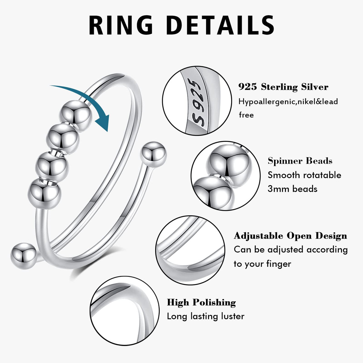 Vito 925 Sterling Silver Fidget Anxiety Open Ring for Women - Vito Official Imagery - 3