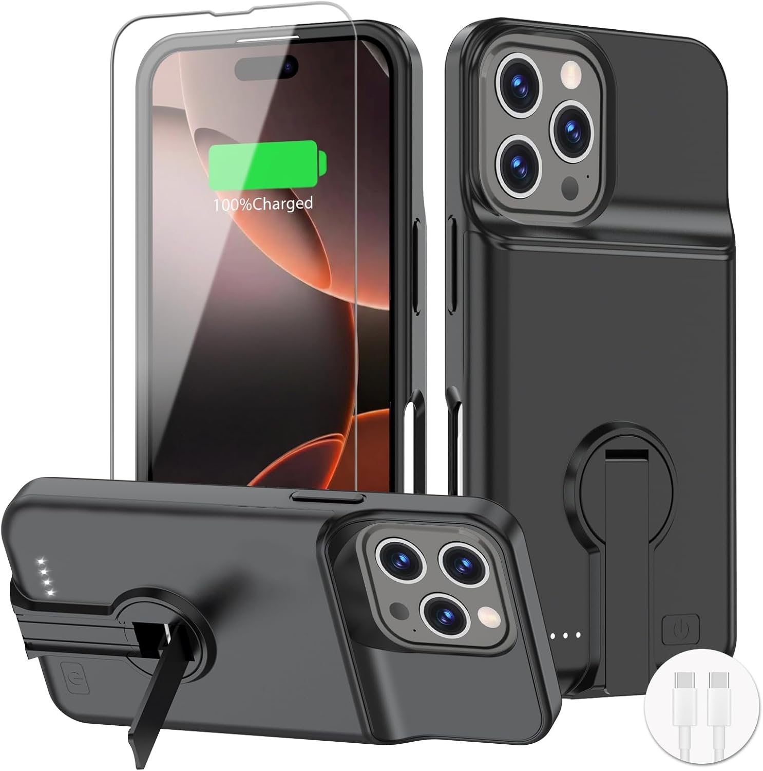 BOPPS iPhone 16 Pro battery case with stand, slim design, 8500mAh portable power bank and protective cover.
