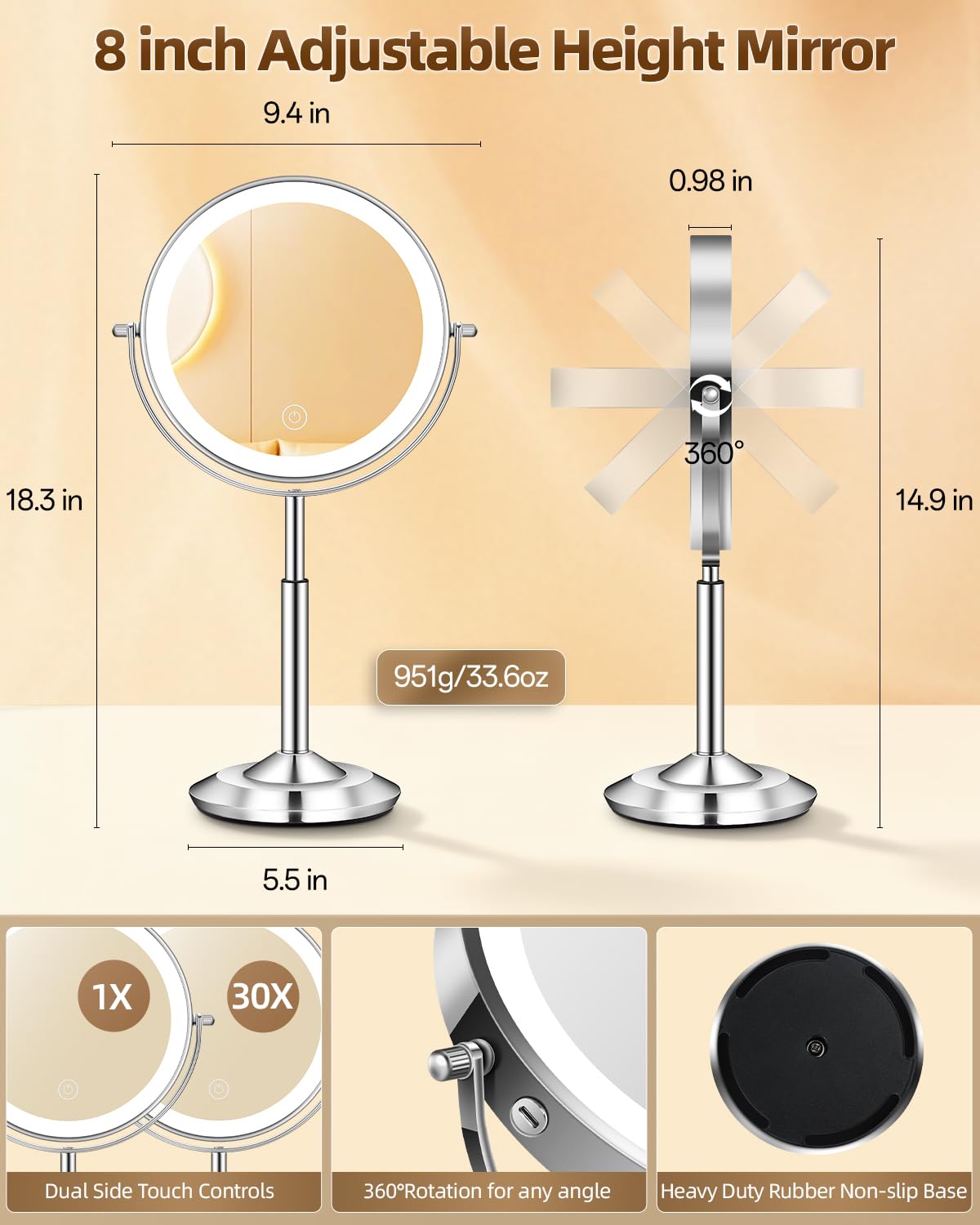 1X 30X 8 Magnifying Makeup Mirror with Lights Height - vpu Official Imagery - 3