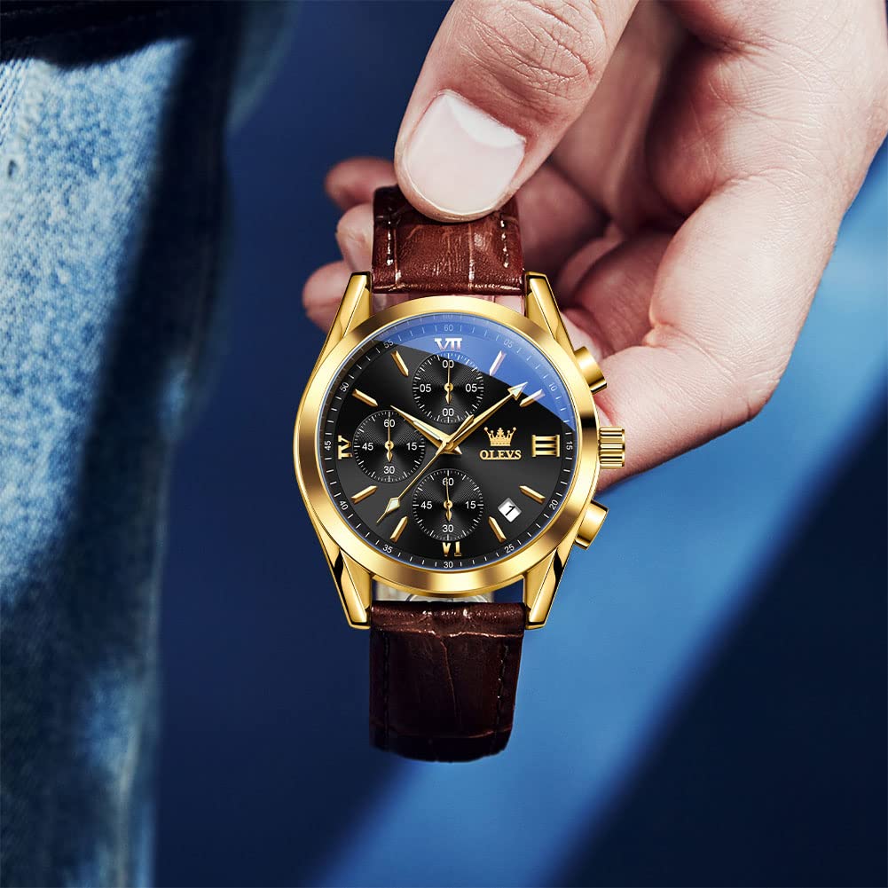 OLEVS Men's Chronograph Watch Leather Band Rose Gold