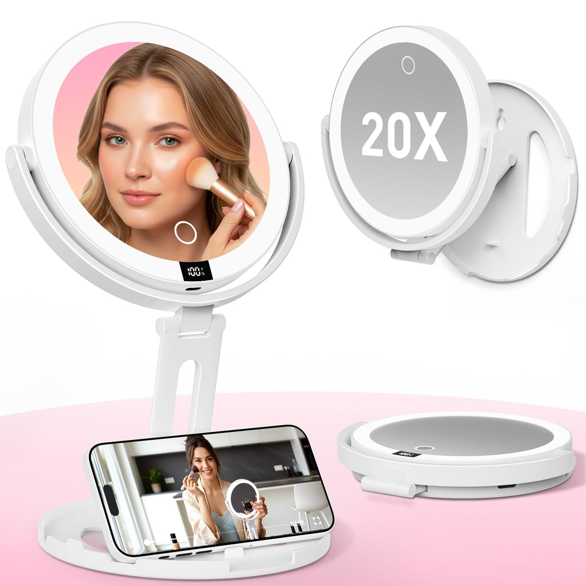 Foldable Travel Makeup Mirror with Light and Magnification - VEXOOX Official Imagery - 1