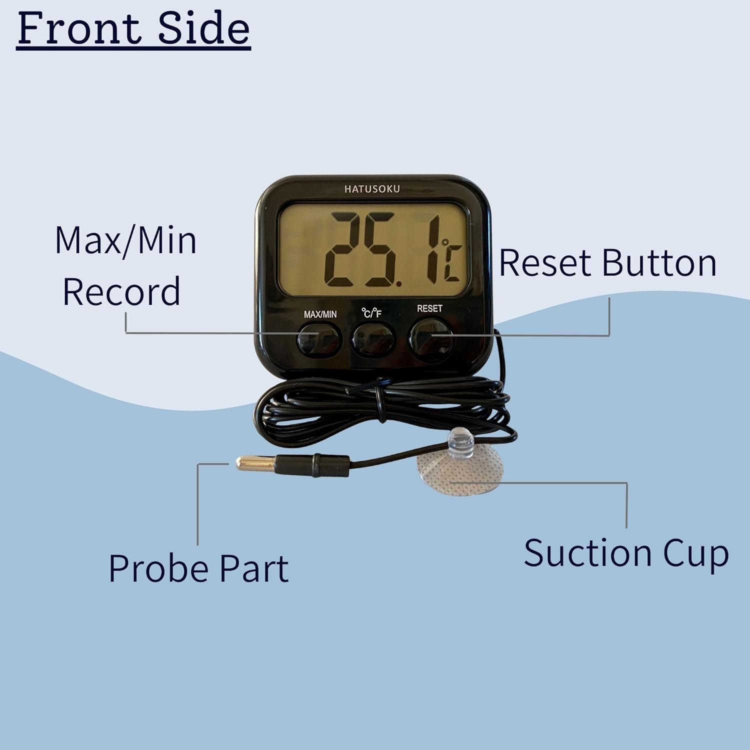 HATUSOKU digital thermometer with external sensor, magnet, suction cup, and water temperature measurement display.