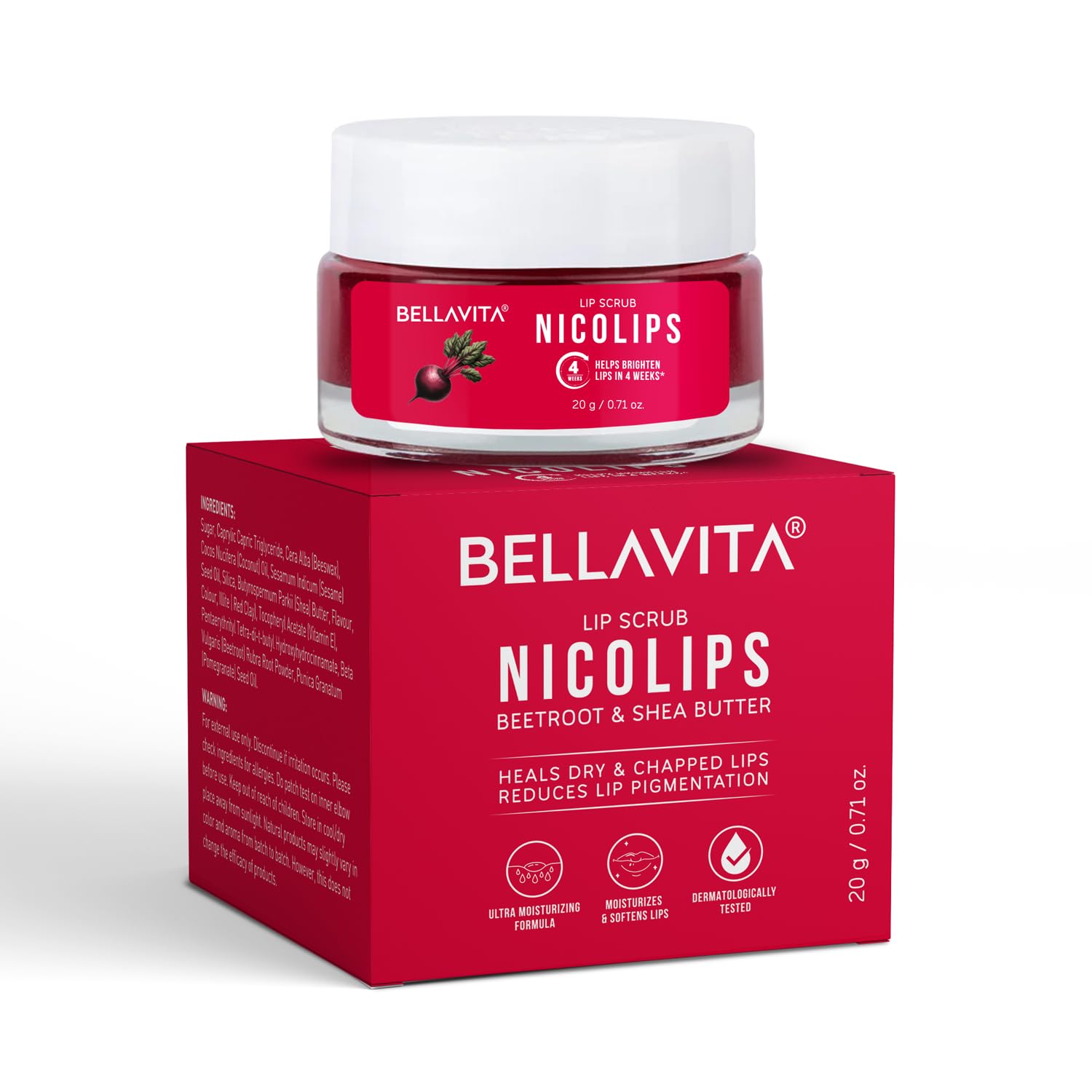 BellaVita Luxury NicoLips Lip Scrub 20gm | Lip Balm For Exfoliation & Dark Lip Moisturizing | With Goodness of Beetroot, Shea Butter & Walnut Lip Scrub | Lip scrubber exfoliator for Women and Men - BELLAVITA Official Product View 2