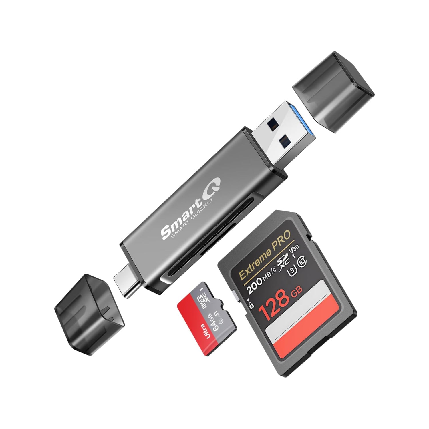 SmartQ C350 USB-C SD card reader and USB 3.0 memory card adapter connected to a device, showing card slots and sleek design.