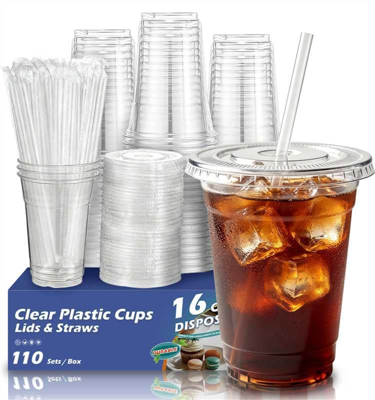 110 Pack 16 oz Disposable Clear Plastic Cups with Lids and Straws - Product Imagery