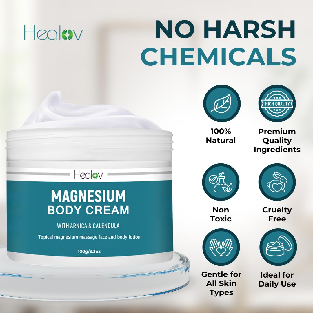 Healov magnesium lotion for sleep, muscle relief, and leg relaxation, showing the bottle with a calming background.