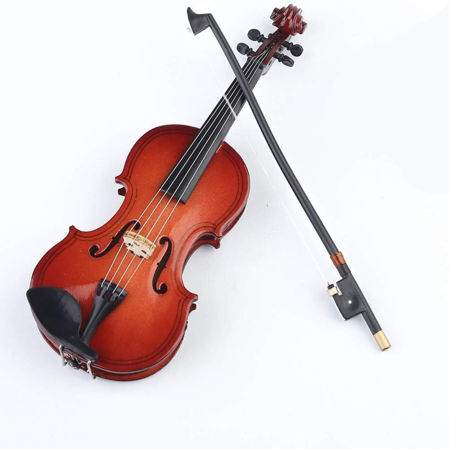 Miniature Dselvgvu violin with stand, bow, and case, measuring 6.31"x2.24"x0.98", detailed small musical instrument model