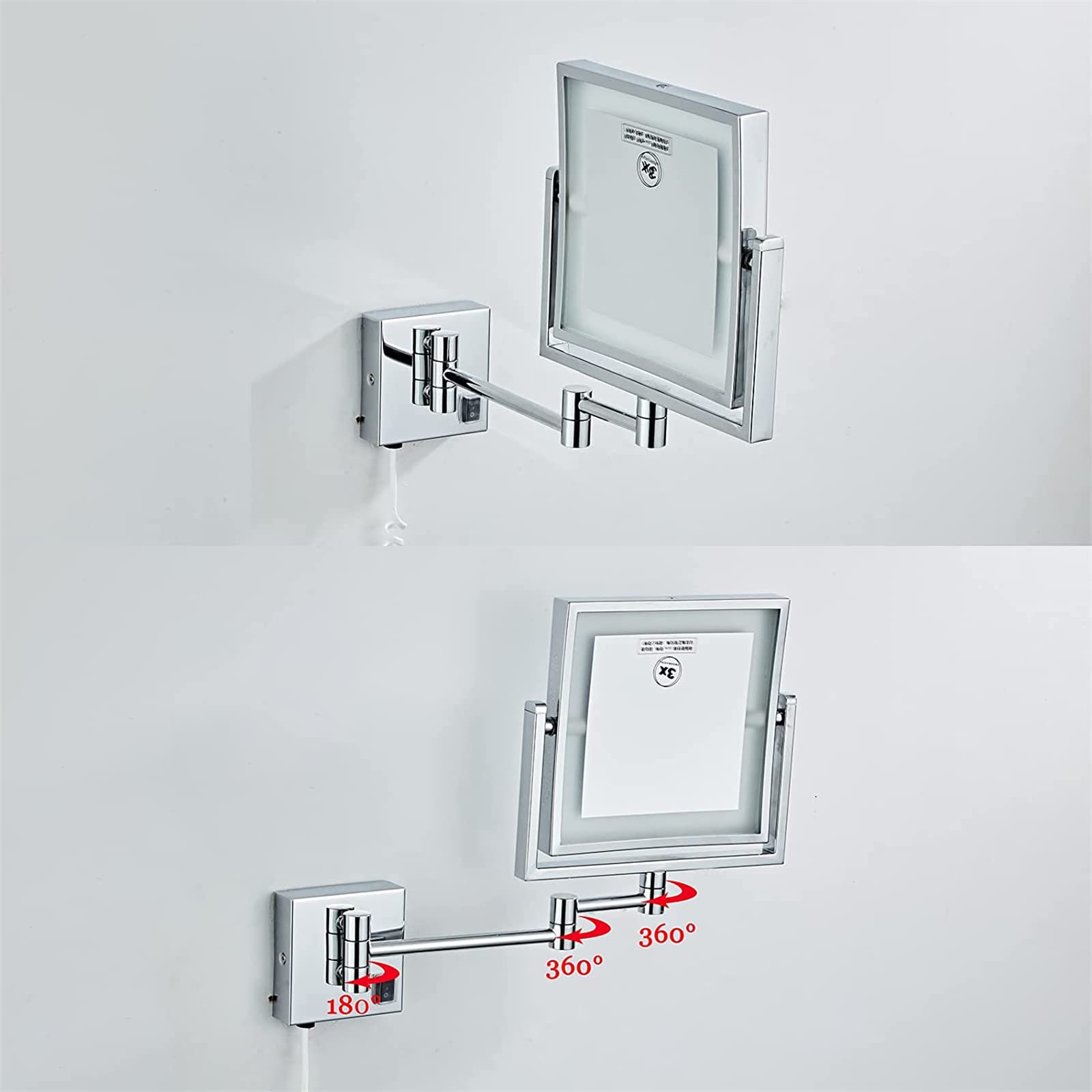 Wall-mounted brass LED makeup mirror with 360° rotation, double-sided 1x/3x magnification, illuminated for precise application.