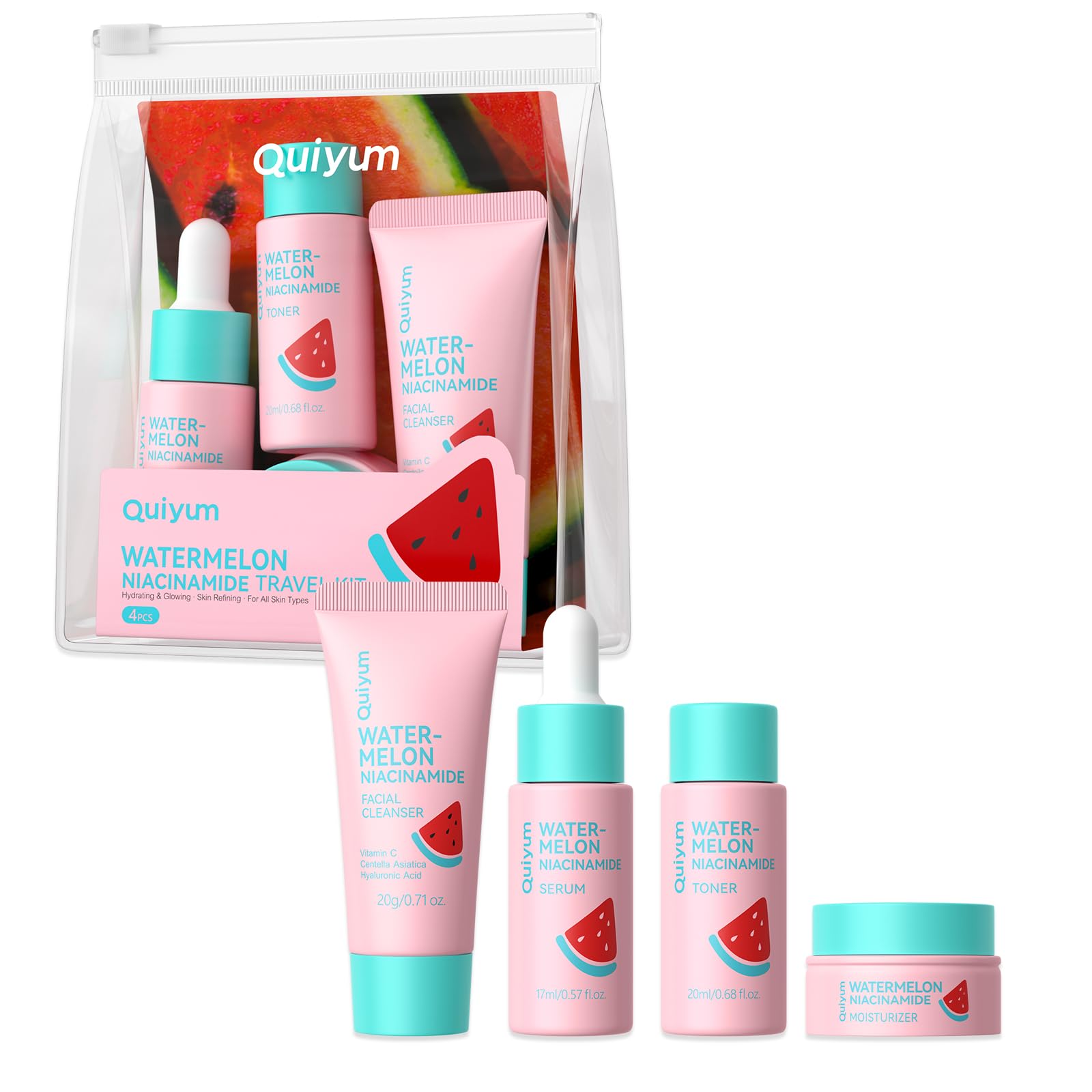 Watermelon Niacinamide Travel Kit – 4 Pcs Skincare Set For - Product Imagery