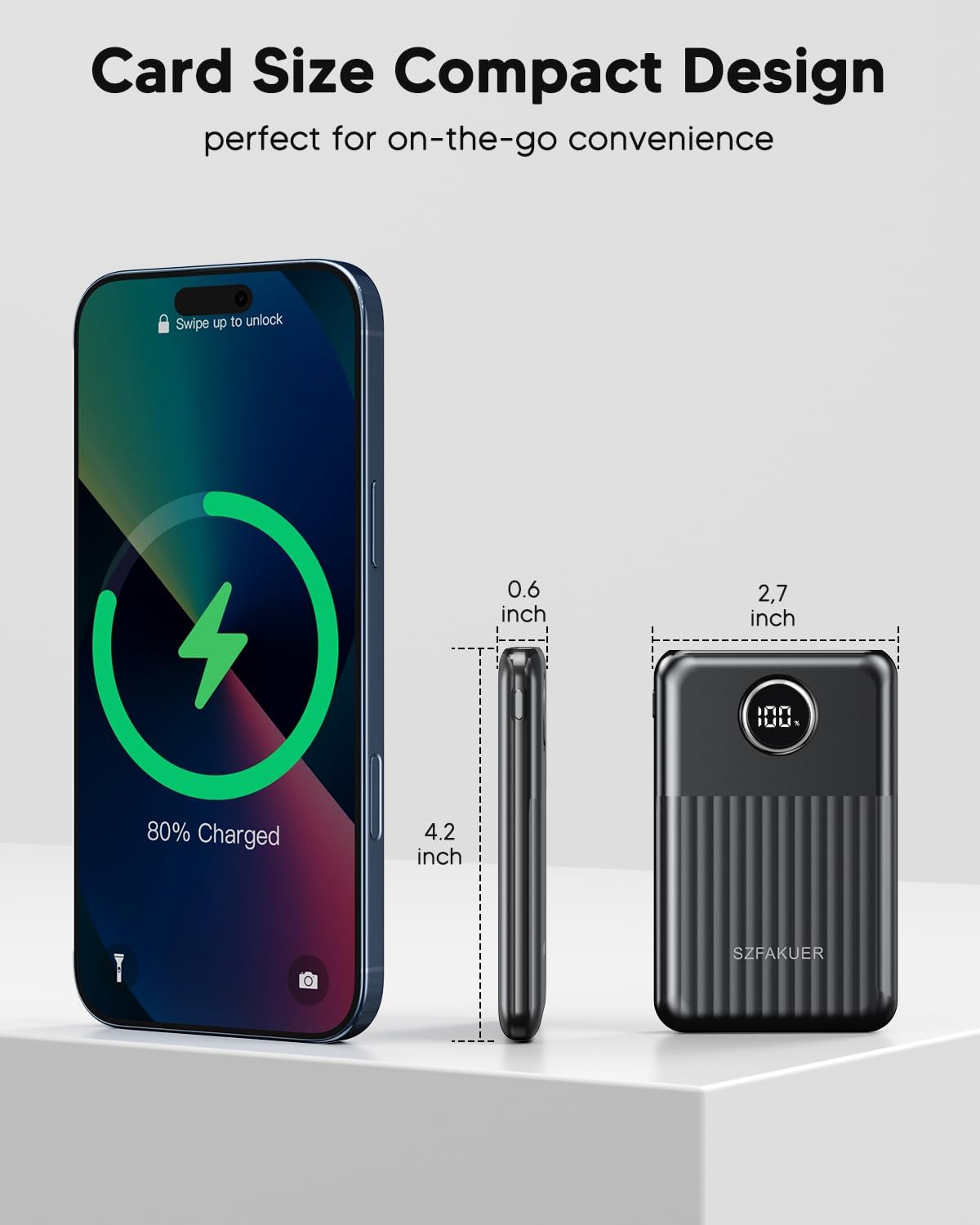 Ultra slim Szfakuer 10000mAh portable power bank with fast USB-C charging and 22.5W output, ideal for on-the-go charging.