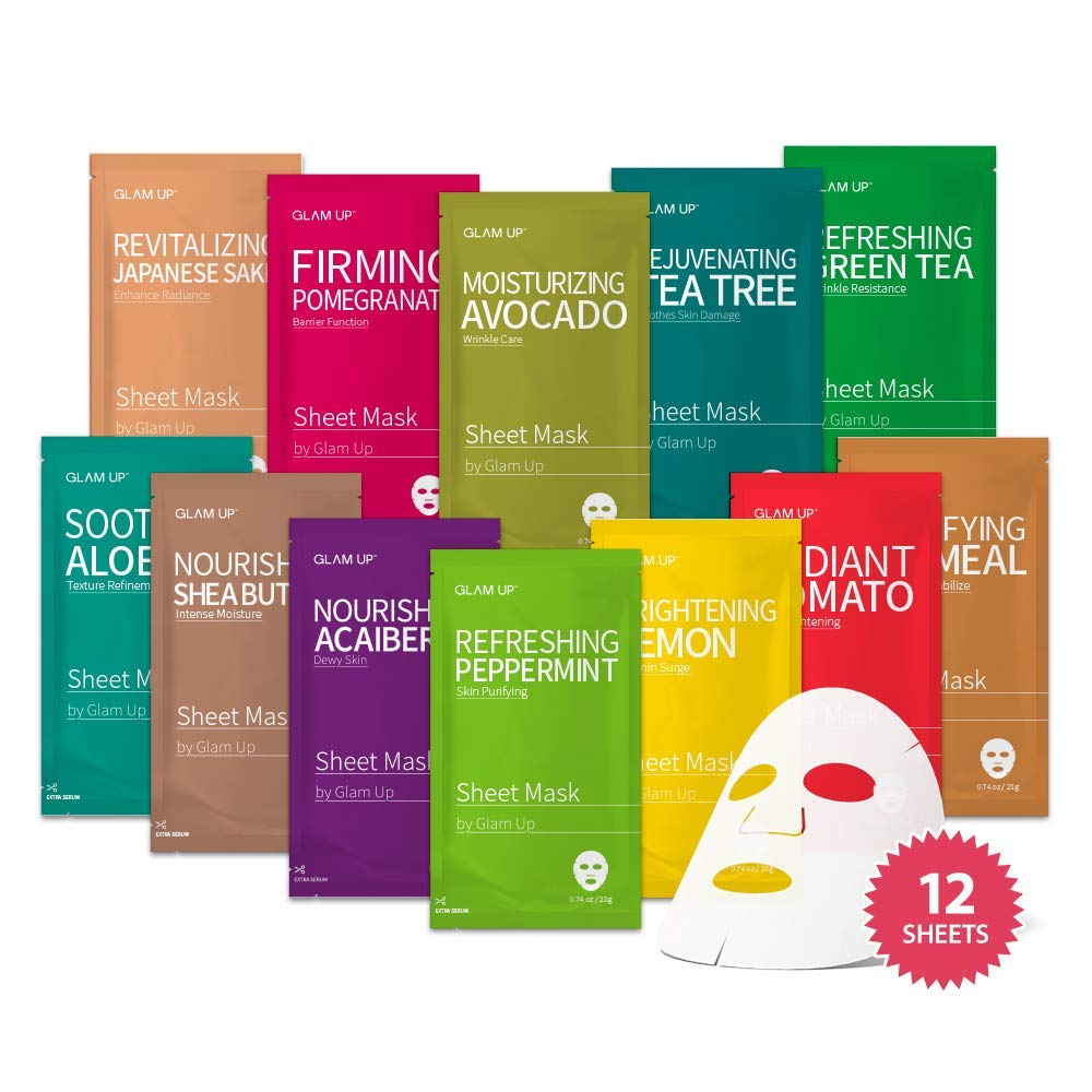 GLAM UP Korean Facial Sheet Mask 12 Pack – Hydrating Glass Skin - GLAM UP