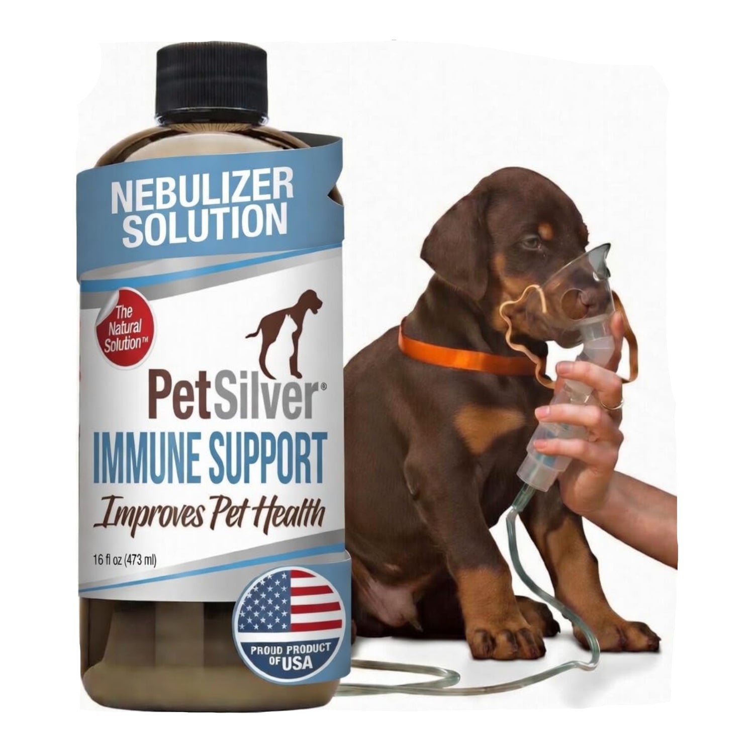 PetSilver Immune Support natural nebulizer solution in a 16 fl oz bottle, designed to promote respiratory health in pets.