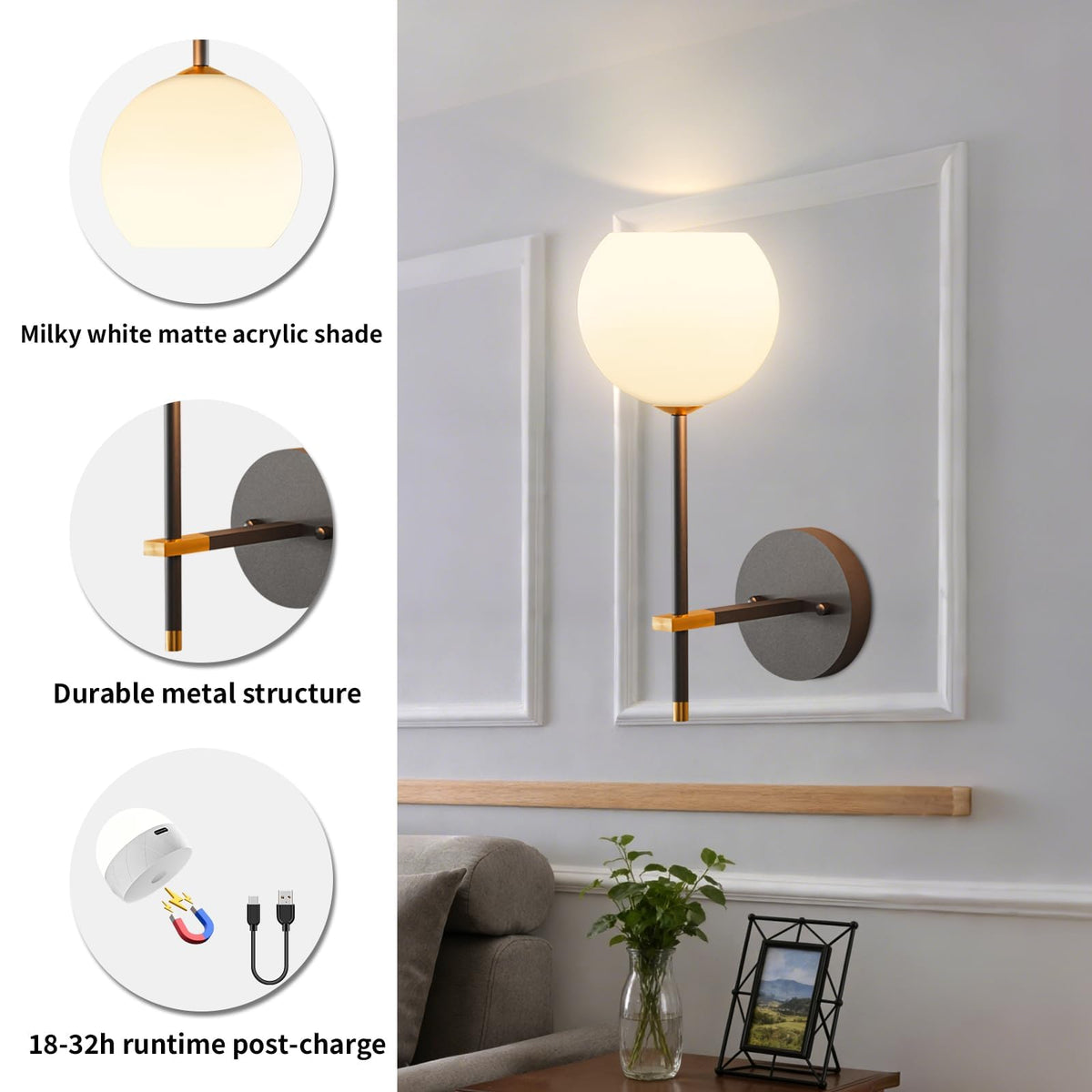 Black and Gold Battery Operated Wall Sconces Set of 2 - Rayspan Official Imagery - 8